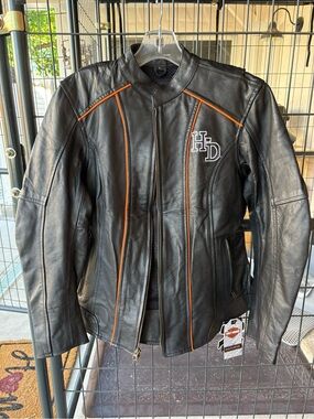 Harley-Davidson Black Leather Women’s Jacket with Orange Piping and HD Logo